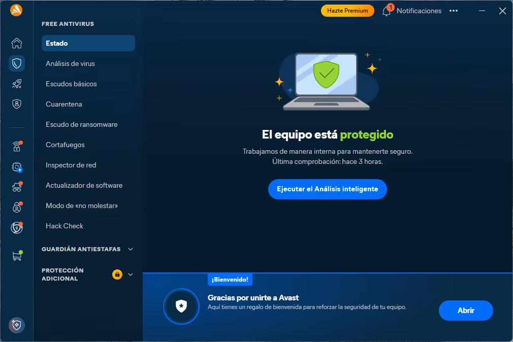 Captura de pantalla de Avast One | Estado de Avast Free Antivirus