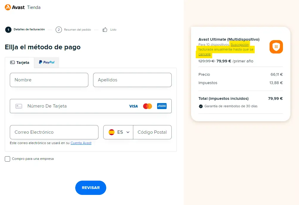 Captura de pantalla de pedido en avast.com